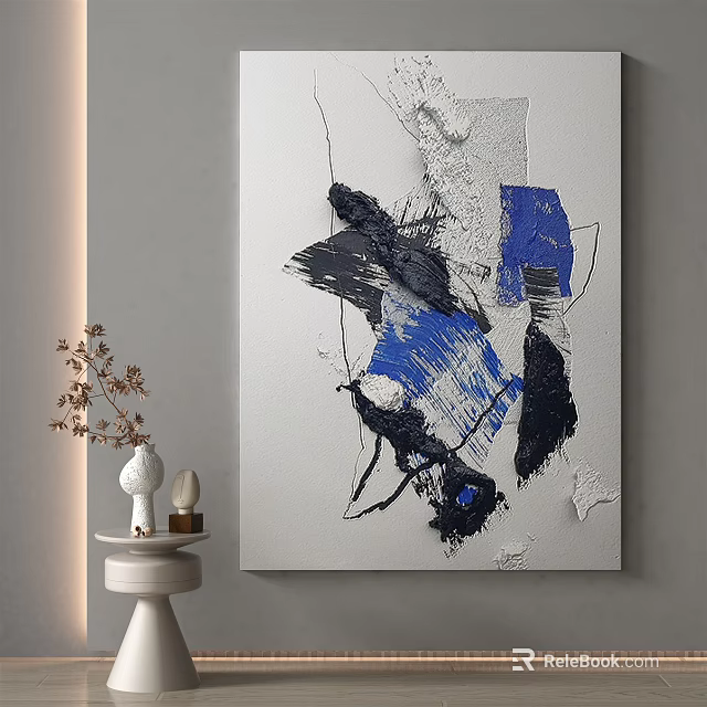 Abstract Blue Black White Textured Painting in Modern Living Room with Vase and Decorations 3d model 
