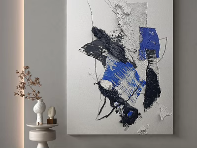 Abstract Blue Black White Textured Painting in Modern Living Room with Vase and Decorations 3d model