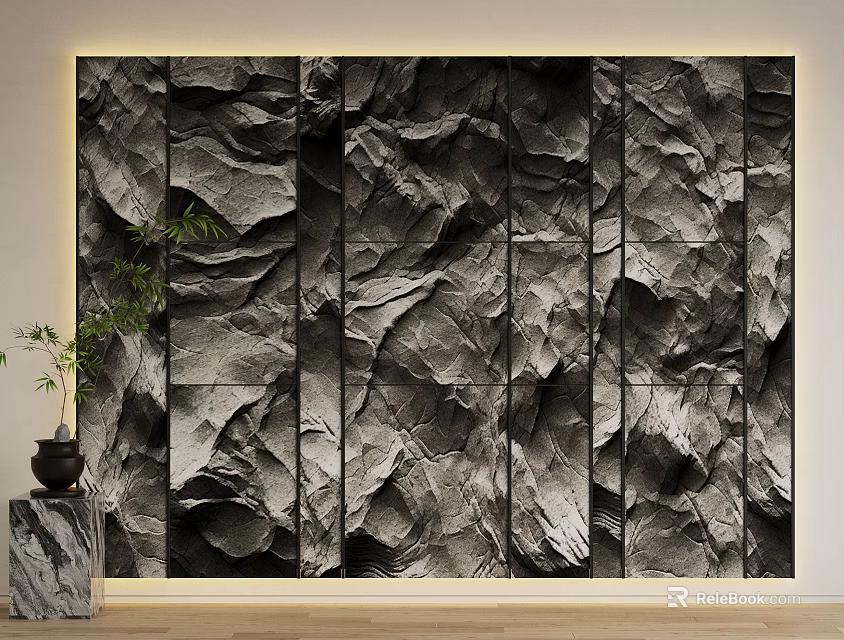 Natural Rock Texture Wall Decor With Multiple Panels And Potted Plant 3d model 