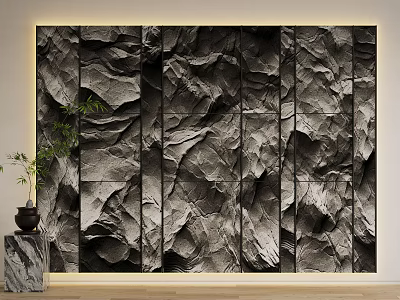 Natural Rock Texture Wall Decor With Multiple Panels And Potted Plant 3d model