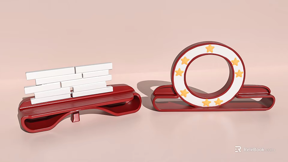 Red Decorative Object With White Stacked Strips And Circular Yellow Star Design 3d model