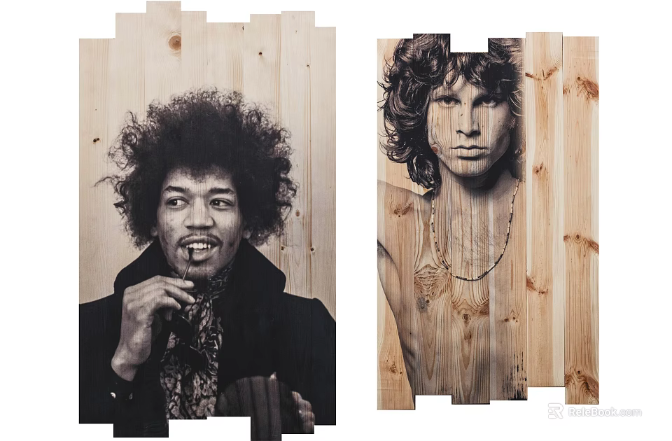 Portrait Art On Collaged Wooden Panels Featuring Curly Hair And Shirtless Figure With Necklace 3d model 