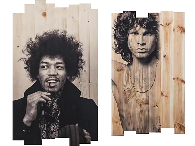Portrait Art On Collaged Wooden Panels Featuring Curly Hair And Shirtless Figure With Necklace 3d model