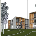 Modern Office Building Exterior With Wooden Glass Facade Green Lawn And People Activity