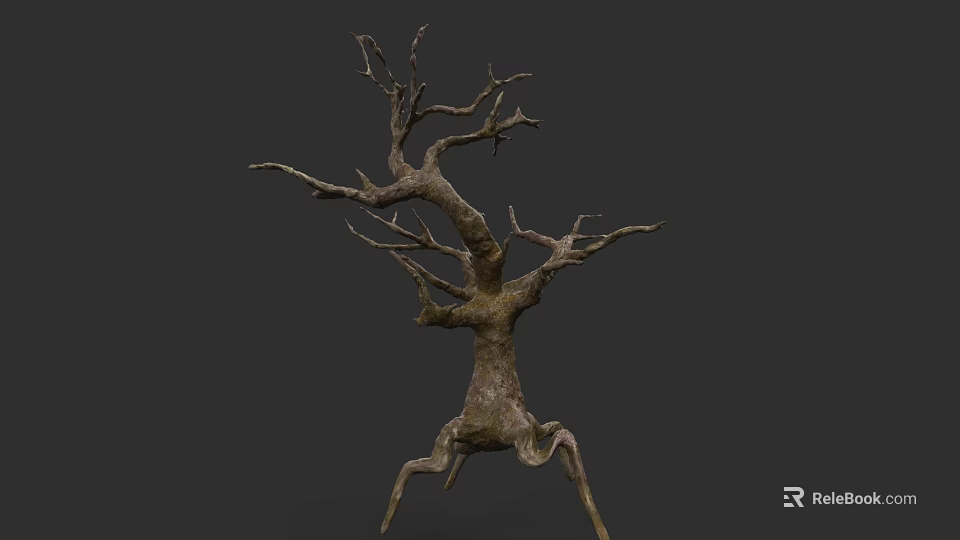 Isolated Leafless Tree With Twisted Branches And Dry Trunk On Dark Background 3d model 