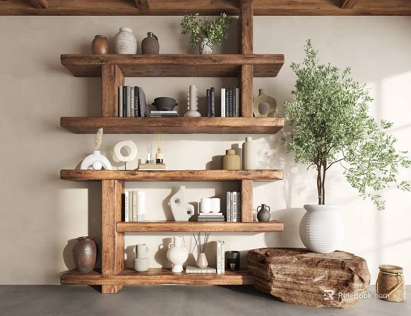 Wooden Storage Shelf With Decorative Items Clay Pots Green Plants And Books In Indoor Space 3d model 
