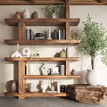 Wooden Storage Shelf With Decorative Items Clay Pots Green Plants And Books In Indoor Space