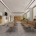 Spacious Lobby Interior Featuring Wooden Reception Desk Decorative Paintings Green Plant And Marble Floor