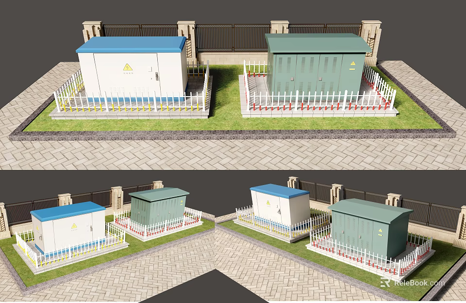 Outdoor Electrical Distribution Cabinets With Fences And Grass Surroundings 3d model 