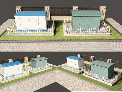 Outdoor Electrical Distribution Cabinets With Fences And Grass Surroundings 3d model