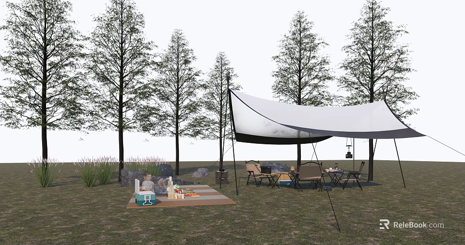 White Outdoor Tent Setup With Trees Grass Picnic Mat Food Drinks And Chairs 3d model 