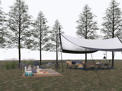 White Outdoor Tent Setup With Trees Grass Picnic Mat Food Drinks And Chairs 3d model