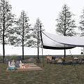 White Outdoor Tent Setup With Trees Grass Picnic Mat Food Drinks And Chairs
