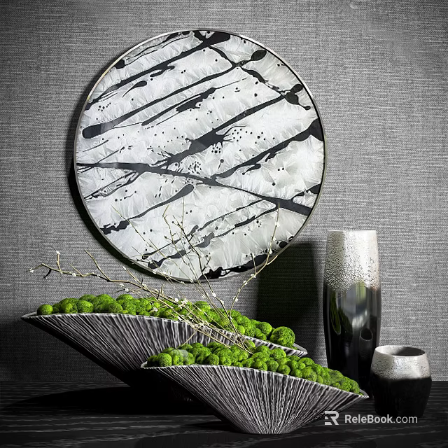 Modern Decorative Ornament Set With Circular Abstract Plate Silver Conical Vases And Green Plants 3d model 