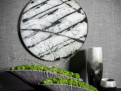 Modern Decorative Ornament Set With Circular Abstract Plate Silver Conical Vases And Green Plants 3d model