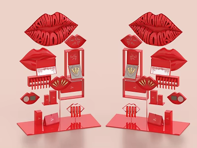 Red Themed Beauty Display With Lipstick And Lip Shaped Decorations 3d model