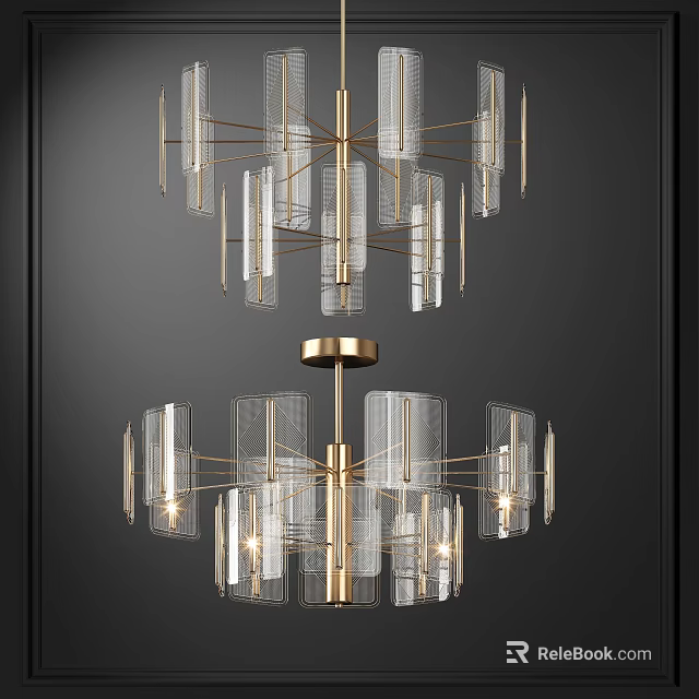 Modern Glass and Brass Chandelier with Geometric Frame and Layered Design for Elegant Interior 3d model 