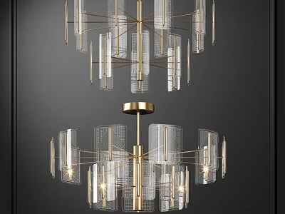 Modern Glass and Brass Chandelier with Geometric Frame and Layered Design for Elegant Interior 3d model