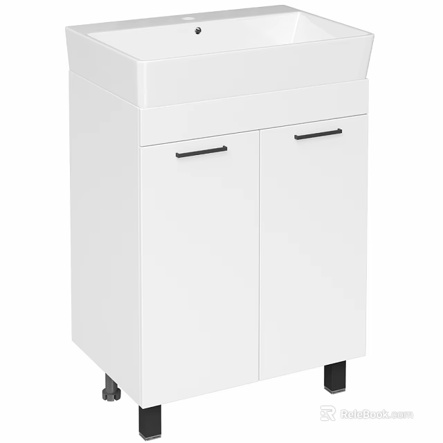 Modern White Sink Vanity with Two Doors Black Handles and Black Legs 3d model 