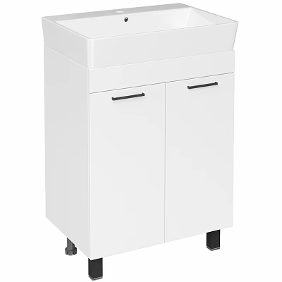 Modern White Sink Vanity with Two Doors Black Handles and Black Legs 3d model