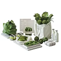 Fresh Green Vegetables Cabbage Artichoke with Green Paste White Trays and Bottles in Canvas Bag