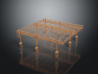 Modern Metallic Building Frame Structure With Grid Roof And Support Pillars 3d model