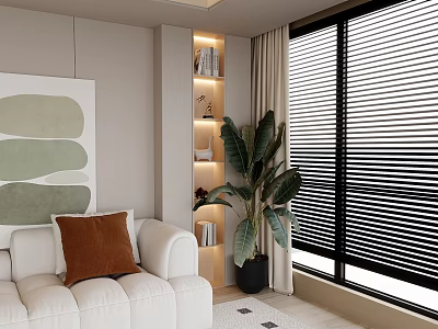 Living Room Decorative Cabinet With Built in Lighting Books And Green Plant By Window 3d model