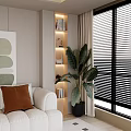 Living Room Decorative Cabinet With Built in Lighting Books And Green Plant By Window