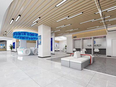 Modern Bank Lobby Open Design With Blue Digital Screens White Seats Marble Floor Service Counter 3d model