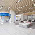 Modern Bank Lobby Open Design With Blue Digital Screens White Seats Marble Floor Service Counter