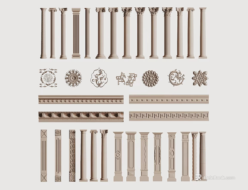 Various Types of Decorative Columns With Intricate Patterns And Architectural Details 3d model 
