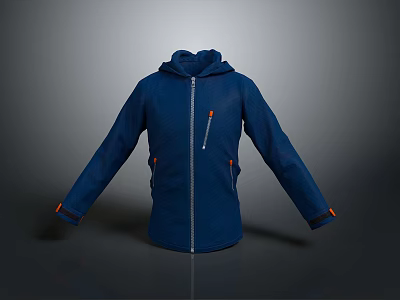 Blue Hooded Jacket With Zipper Front Orange Accented Cuffs And Pockets 3d model