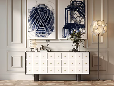 Modern Entryway Console Cabinet With White Drawers Decorative Paintings And Floor Lamp 3d model