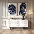 Modern Entryway Console Cabinet With White Drawers Decorative Paintings And Floor Lamp