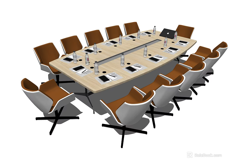 Modern Wooden Conference Table With Brown White Chairs And Laptops In Meeting Room 3d model 