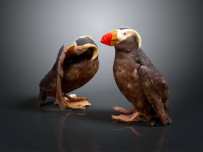 Two Puffins With Brown Black Feathers And Colorful Beaks On Dark Reflective Surface 3d model