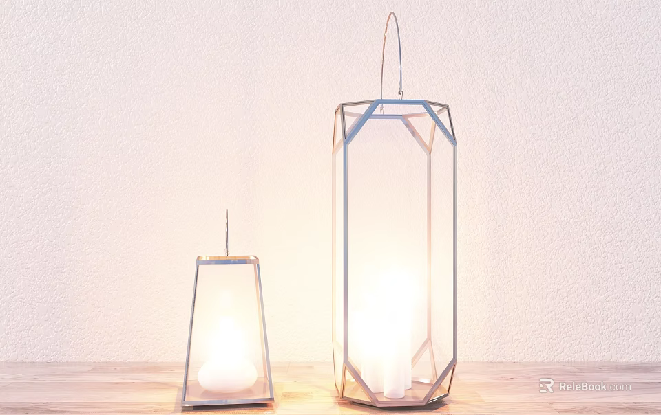 Modern Geometric Table Lamps with Metal Frames Transparent Glass on Wooden Table Warm Glow 3d model 