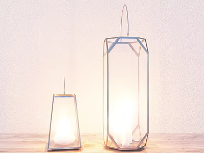 Modern Geometric Table Lamps with Metal Frames Transparent Glass on Wooden Table Warm Glow 3d model