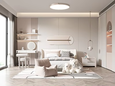 Kids Room Interior Design With Bed Pillows Stuffed Toys Round Ceiling Light And Modern Shelves 3d model