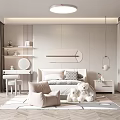 Kids Room Interior Design With Bed Pillows Stuffed Toys Round Ceiling Light And Modern Shelves