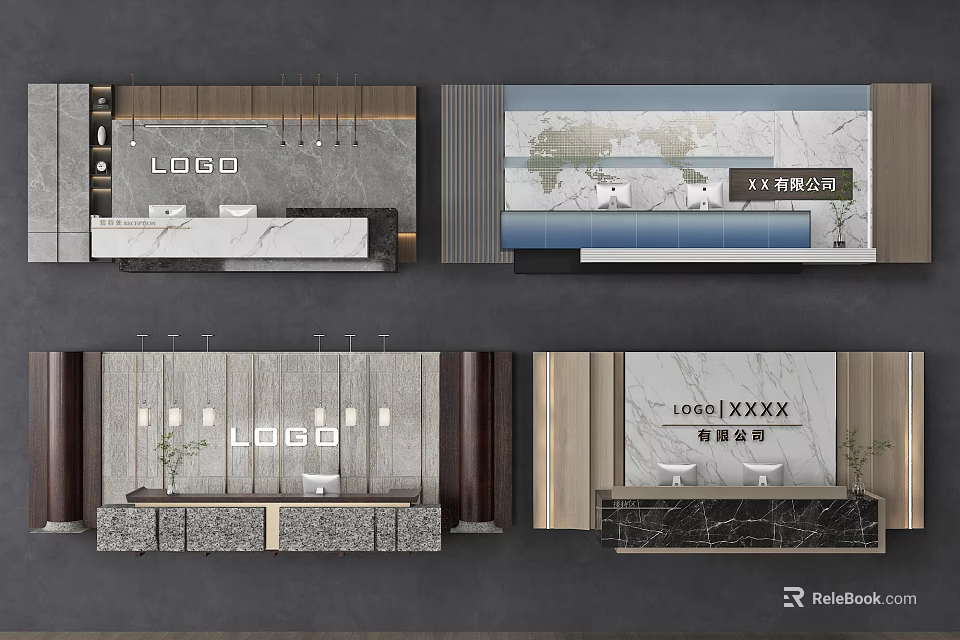 Modern Front Desk Backdrop Wall Design With LOGO Display And Counter 3d model 