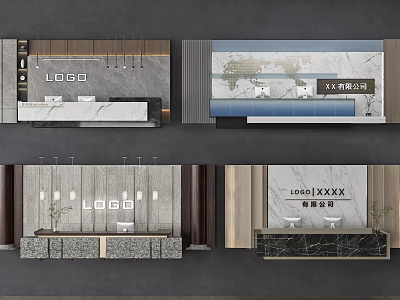 Modern Front Desk Backdrop Wall Design With LOGO Display And Counter 3d model