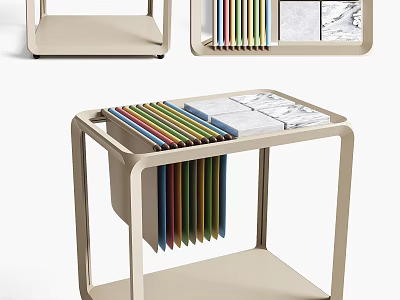 Beige Display Shelf With Colorful Files And Marble Textured Boards 3d model