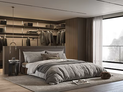 Modern Double Bed In Stylish Bedroom With Wooden Headboard Nightstand And Large Window Curtains 3d model