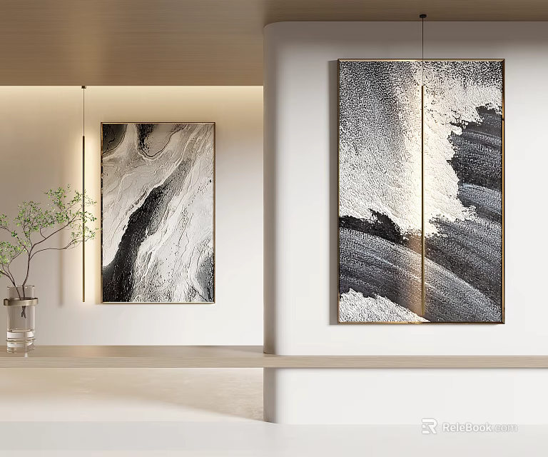Minimalist Indoor Space With Abstract Wall Arts And Decorative Plant 3d model 
