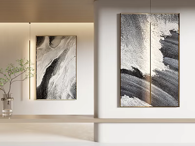 Minimalist Indoor Space With Abstract Wall Arts And Decorative Plant 3d model