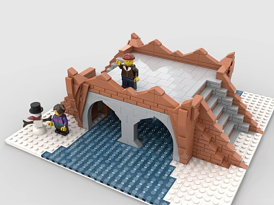 Building Blocks Arch Bridge Scene with Lego Mini Figures Snowman Water Area and Steps 3d model
