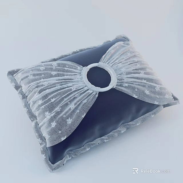 Elegant Dark Blue Throw Pillow With White Lace Bow Circular Ring And Gray Trim 3d model 