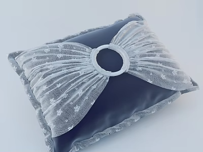 Elegant Dark Blue Throw Pillow With White Lace Bow Circular Ring And Gray Trim 3d model