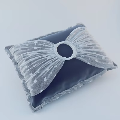 Elegant Dark Blue Throw Pillow With White Lace Bow Circular Ring And Gray Trim 3d model